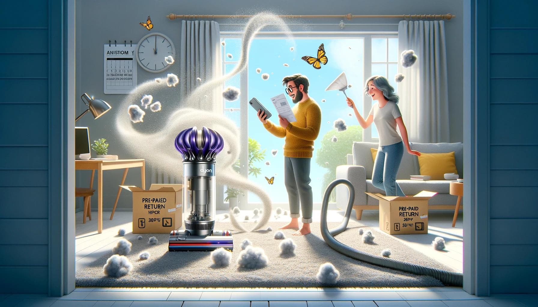 Modern living room scene with person holding a Dyson vacuum, another boxing an air purifier, minimal dust bunnies, and clean air swirling, depicting a hassle-free return.