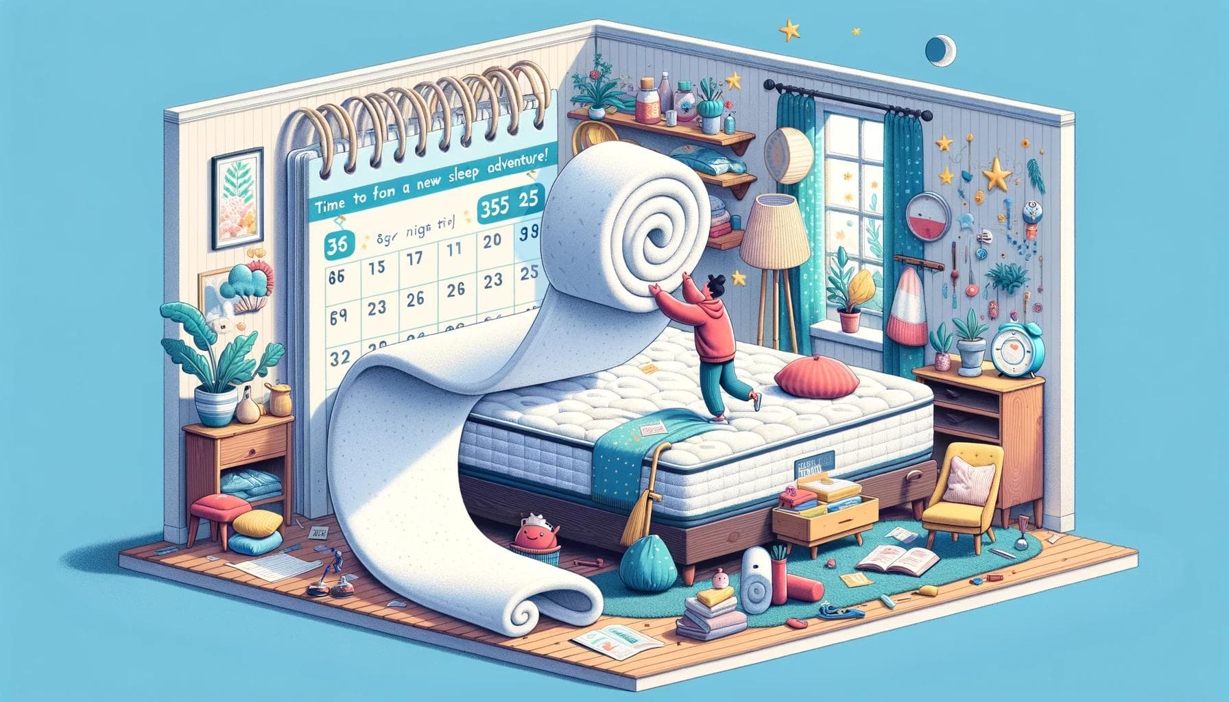 Whimsical bedroom scene with person rolling up a mattress for return, surrounded by cozy decor and a calendar marking a 365-night trial.