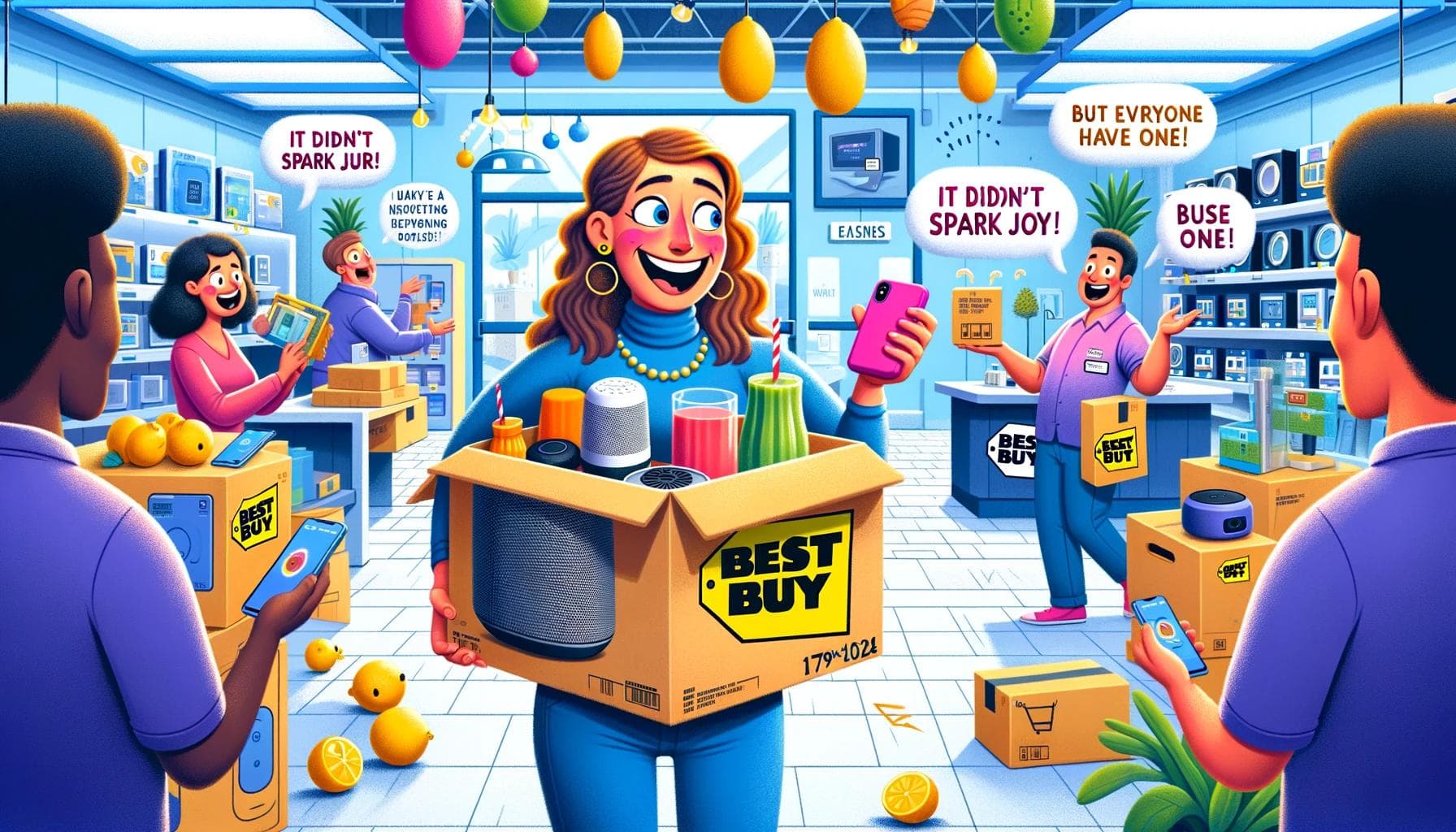 Whimsical Best Buy return scene with woman juggling electronics and playful customer return reasons.