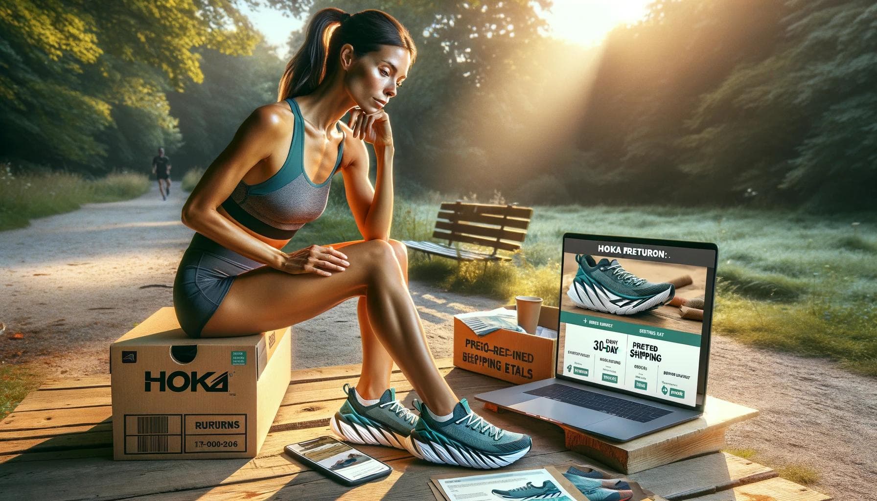 Female runner reflects on Hoka shoes' fit in a peaceful trail setting, highlighting return policy and eco-consciousness.