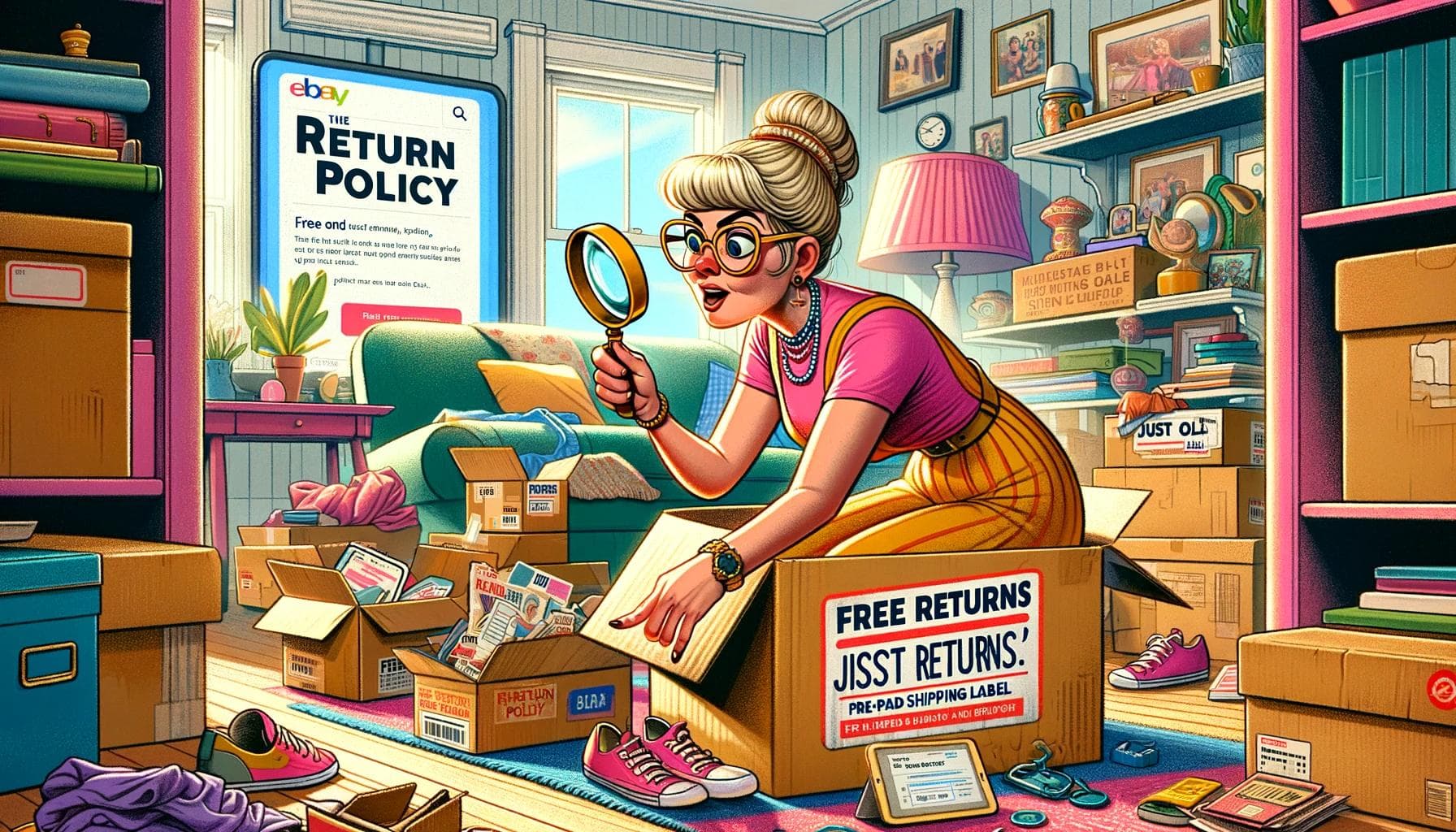 Youthful woman with magnifying glass humorously inspects 'vintage' items among eBay return boxes.