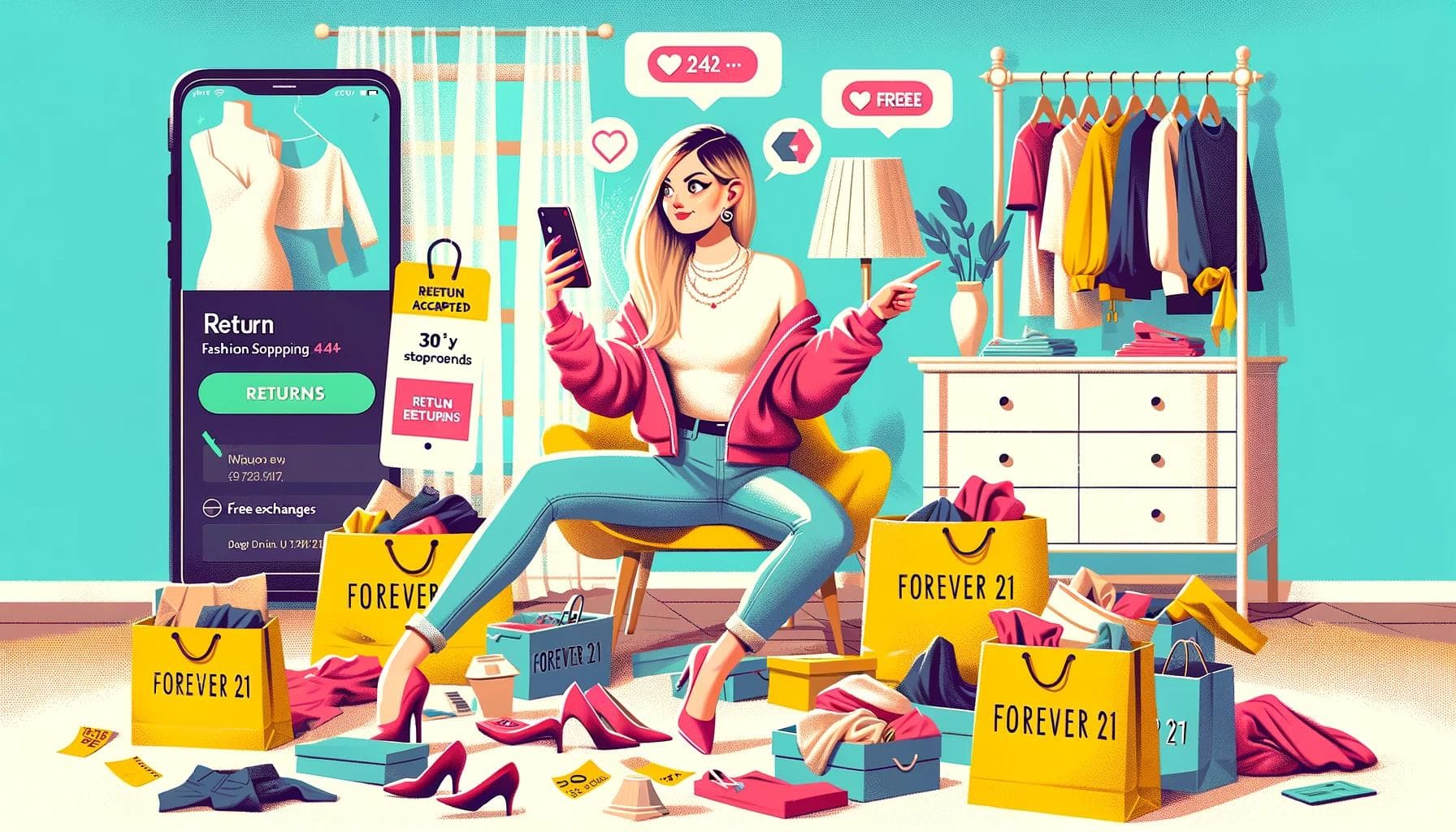 Young woman in bedroom humorously sorts Forever 21 clothes with dating app gestures, reflecting fun return policy.