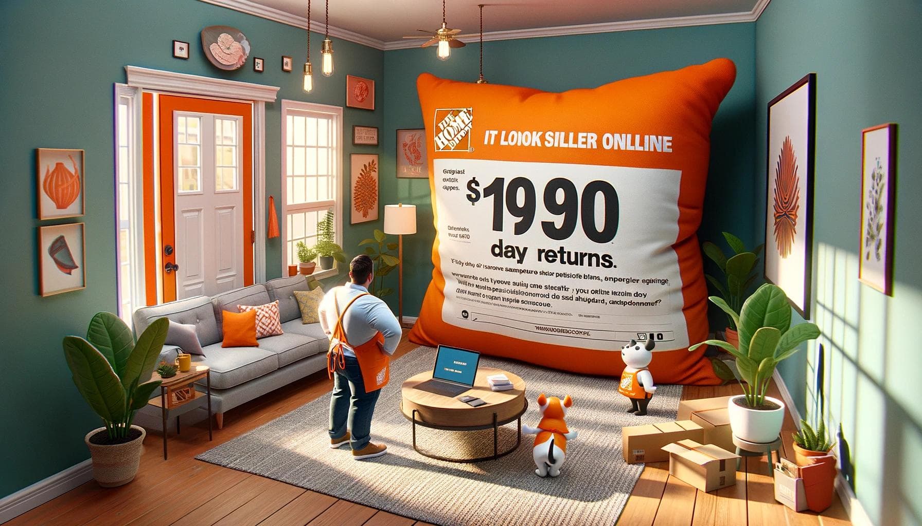 Cartoon homeowner puzzled by oversized item in a vibrant 'It Looked Smaller Online' Home Depot return scene.