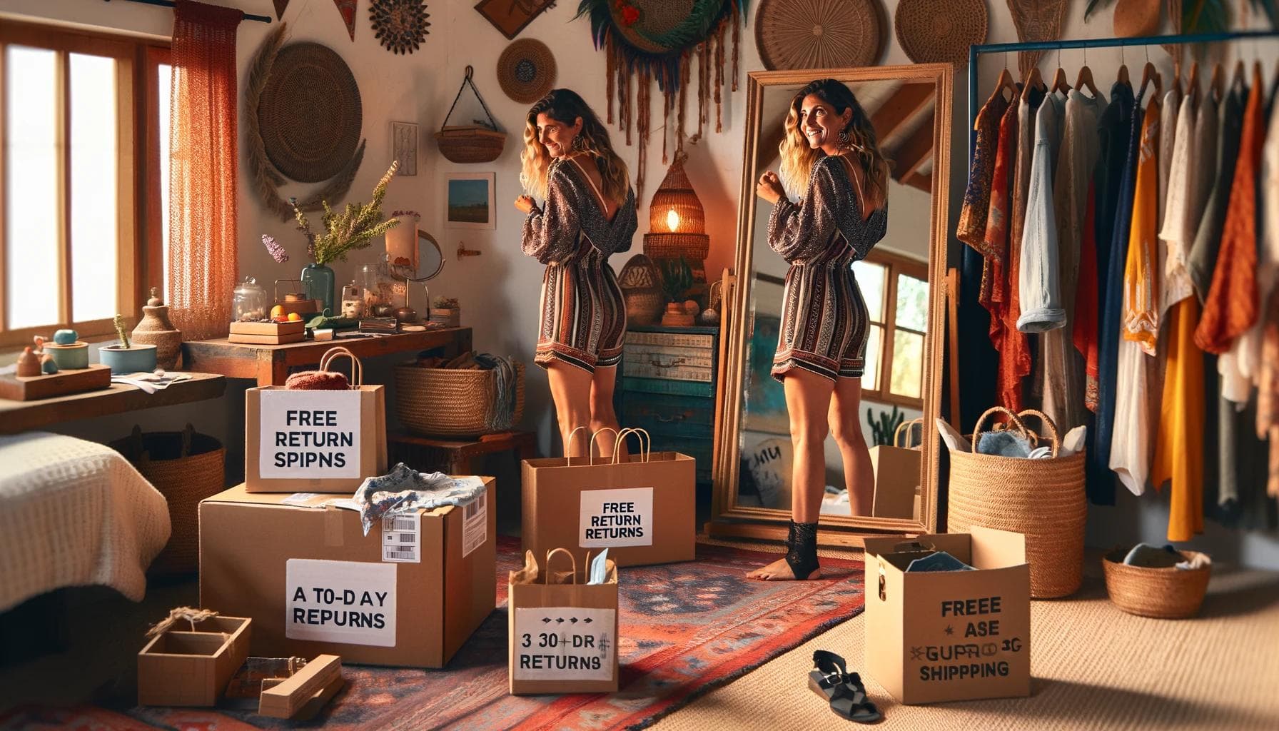 Bohemian woman humorously tries on too-small romper amidst Free People boxes, highlighting easy returns.