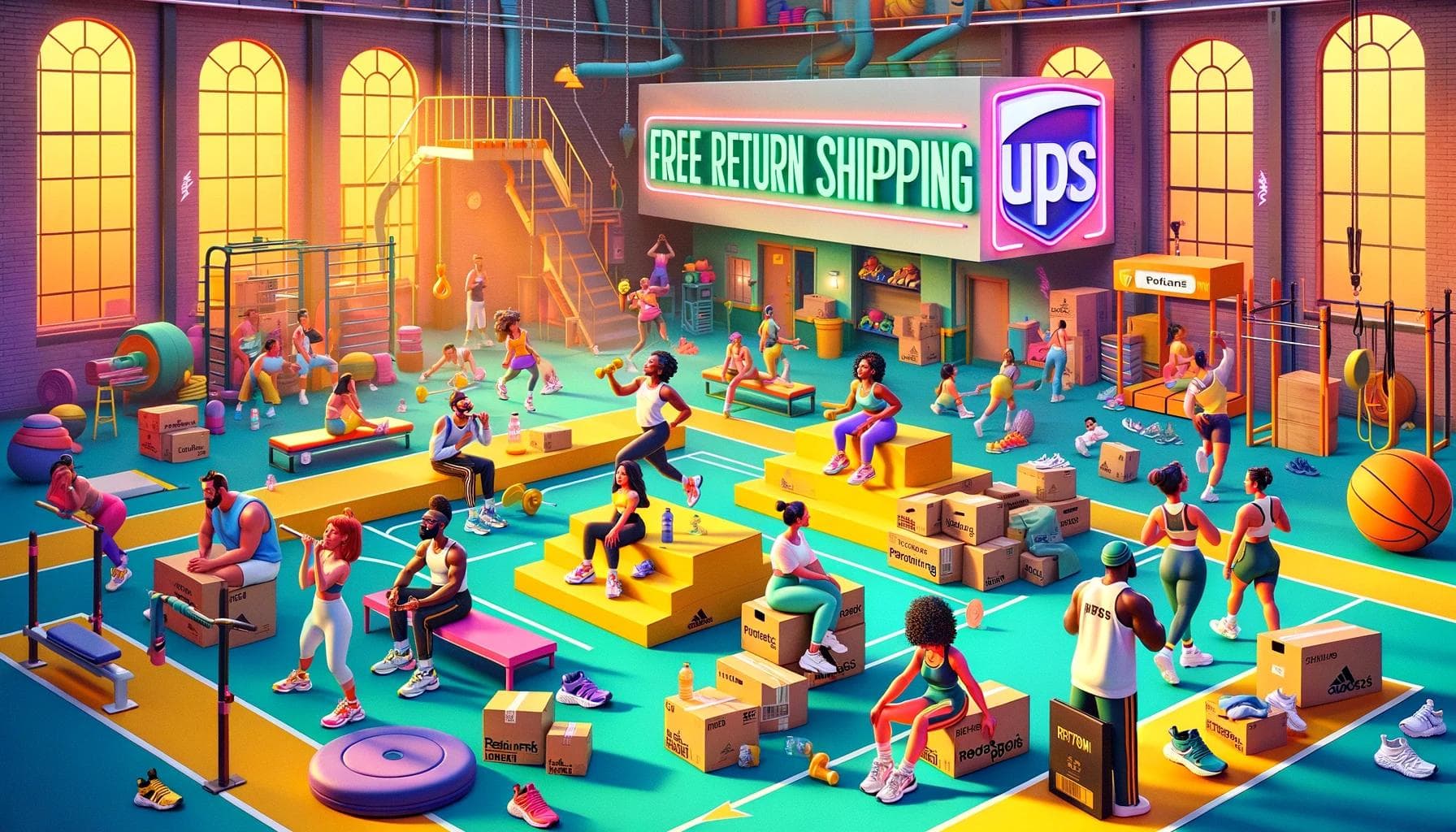 Cartoon gym scene with characters humorously engaging in Adidas return process activities, featuring "Free Return Shipping