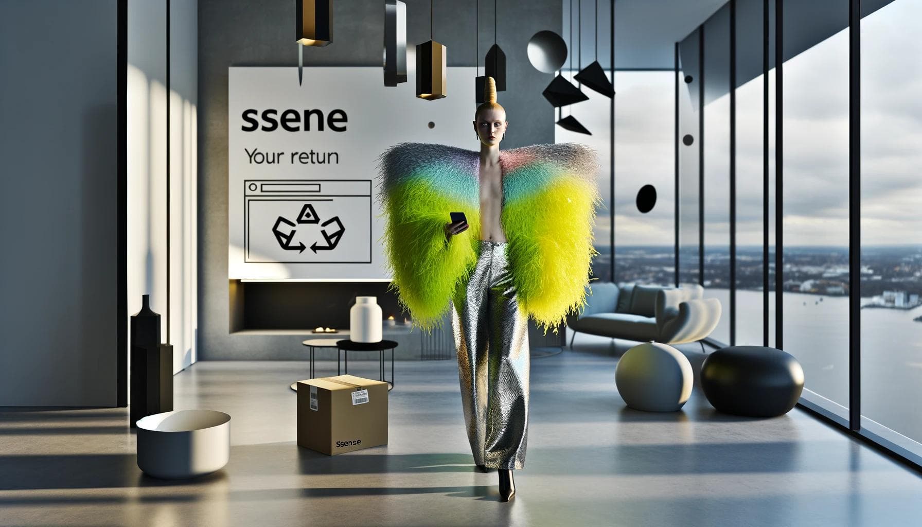 Elegant scene with fashion-forward individual and neon feathered cape, showcasing Ssense's seamless return process.