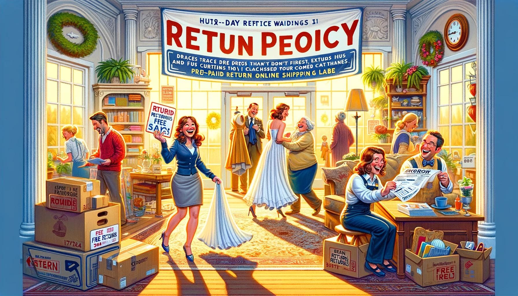 Bright JC Penny store scene with joyful shoppers returning items, highlighting the flexible and stress-free return policy.