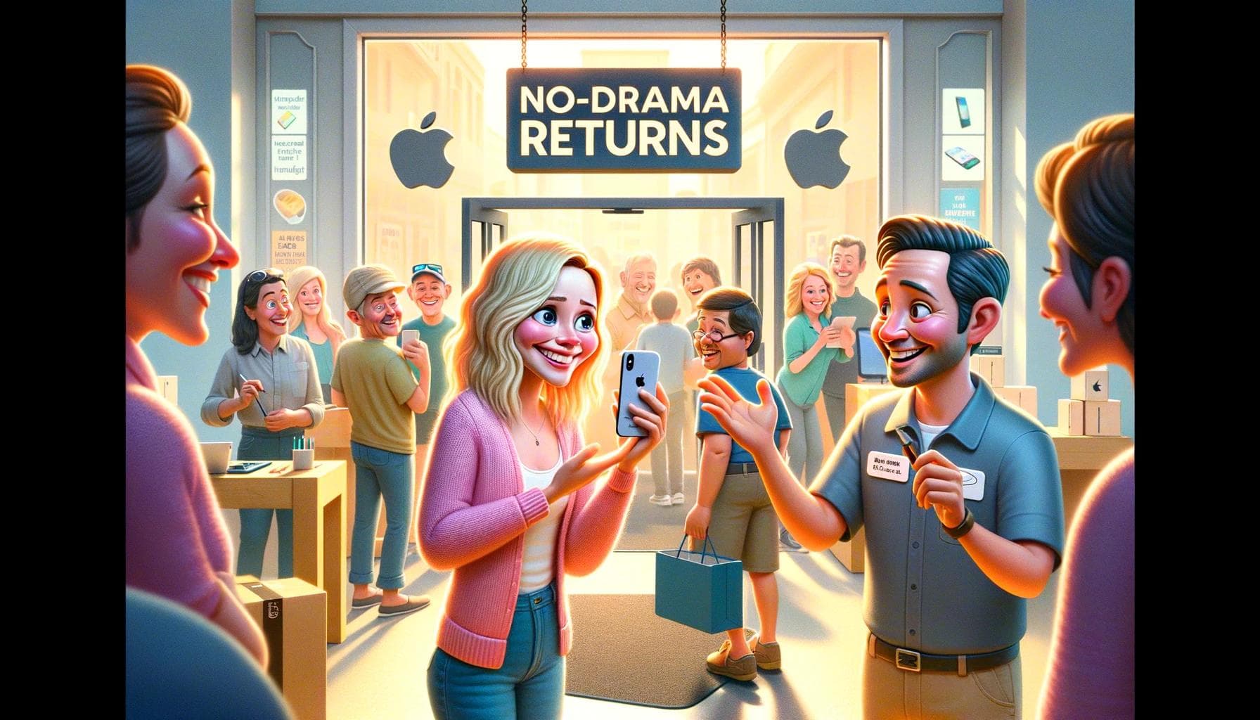 Whimsical scene at an Apple Store with "No-Drama Returns" sign, showcasing a cheerful return process in a bright, playful setting.