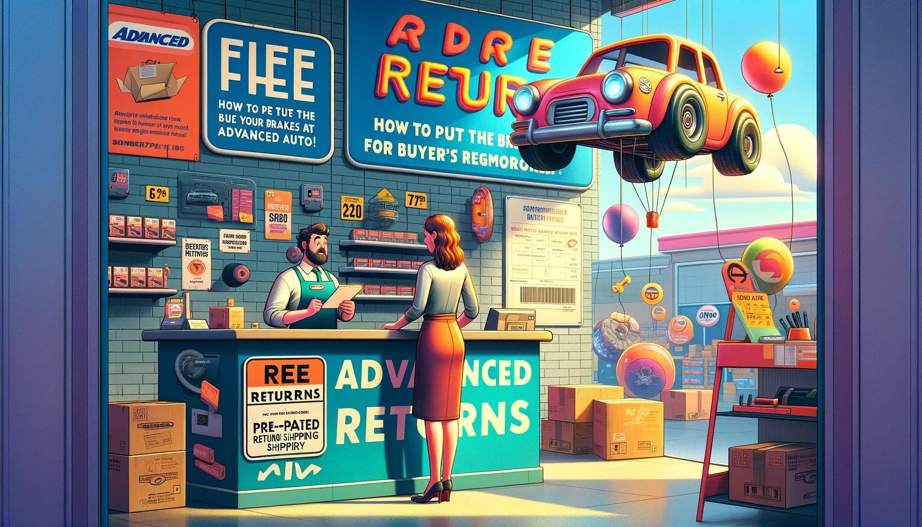 Woman returns car part at Advanced Auto counter, relieved, with a 'Free Returns' sign and pre-paid shipping box, in a whimsical, colorful setting.