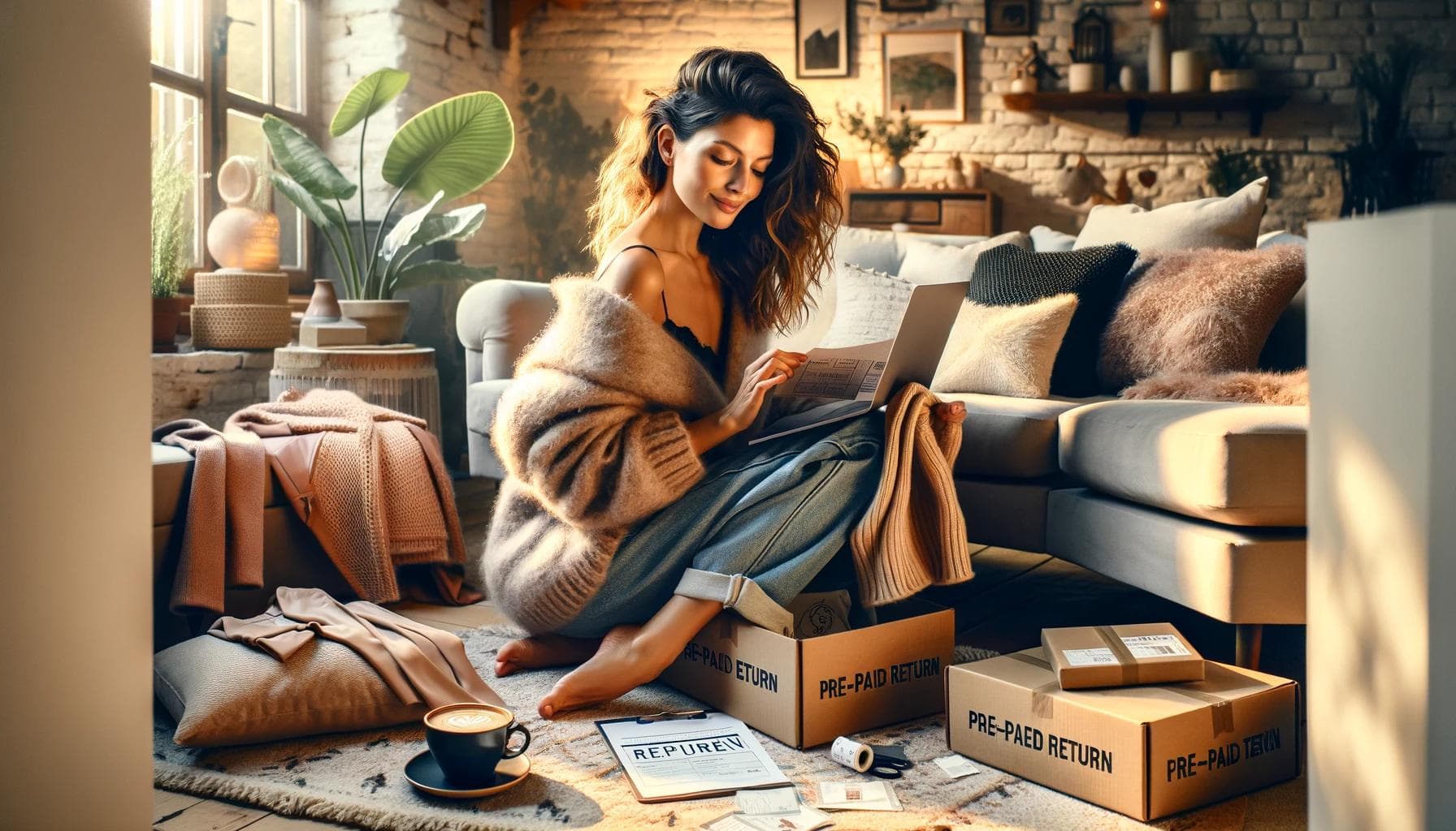 Cozy scene with stylish woman unboxing Wantable packages, showcasing joyful exploration and easy returns.