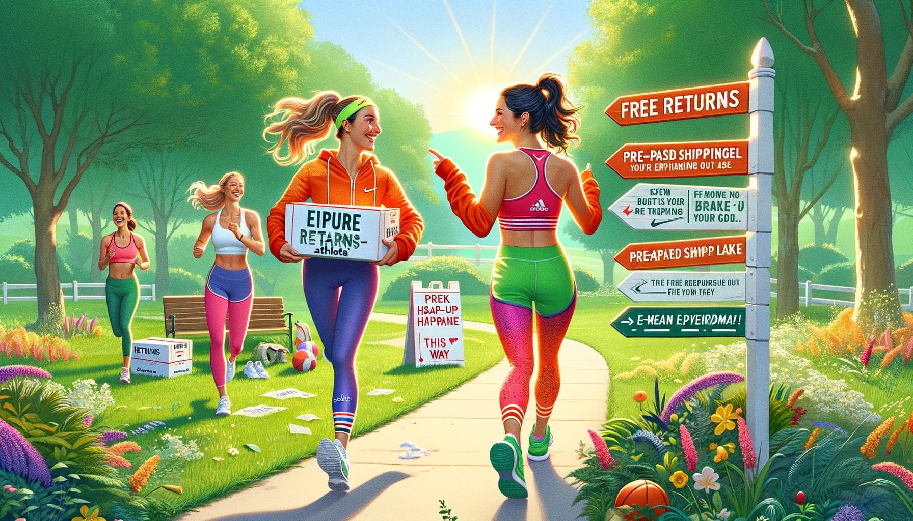 Two women jogging in a park, one holding a 'Free Returns' box, near a signpost for 'Pre-Paid Shipping Label Here,' in a joyful return policy scenario.